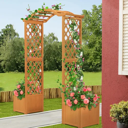 Vista 9 de Giantex Pérgola de Jardín con Maceta, Arco de Plantador de Madera con Enrejado, Arco Exterior para Plantas Trepadoras, Vegetales, Hierbas, Blanco