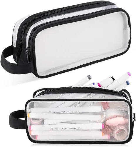 Vista 9 de Oyachic Estuche para lápices de 2 compartimentos de malla transparente para bolígrafos, bolsa de cosméticos para maquillaje, bolsa de cosméticos
