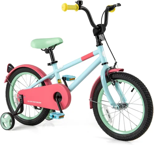 Vista 26 de BABY JOY Bicicleta infantil de macarones coloridos, de 12, 14, 16 y 18 pulgadas, bicicleta deportiva para niños con ruedas de entrenamiento