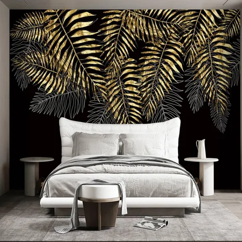 Vista 2 de Mural de hojas negras y doradas para dormitorio, papel tapiz botánico tropical, decoración de plantas, sala de estar, fondo de televisión, mural