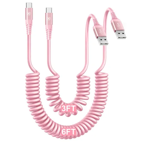 Vista 13 de Cable de carga USB tipo C de carga rápida, [2 paquetes, 3 pies] Cable de carga USB A a tipo C enrollado para automóvil USB-C compatible con iPhone