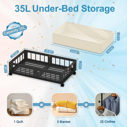 Vista 3 de efluky Paquete de 2 contenedores de almacenamiento de bambú debajo de la cama con ruedas, cesta de almacenamiento de ropa debajo de la cama