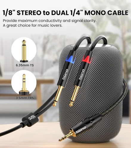Vista 2 de Tisino - Cable TRS estéreo de 1/8" a dual TS mono con divisor en Y de 1/4", cable estéreo con miniconector auxiliar de 3.5 mm a conector de 6.35 mm