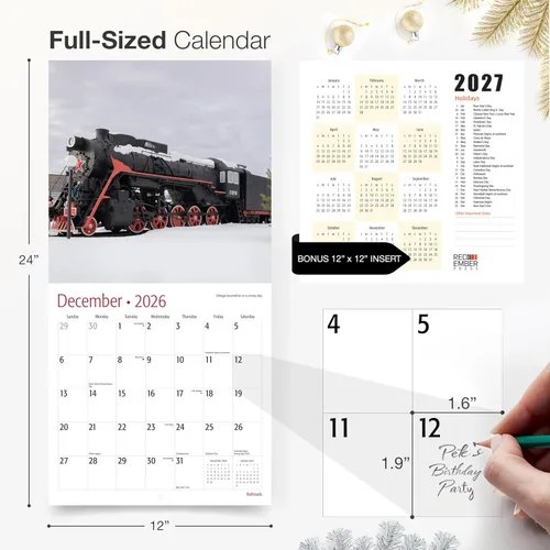 Vista 5 de RED EMBER Railroads 2026 - Calendario de pared de 12 meses, 12 x 24 pulgadas, abierto, papel grueso y resistente, regalo de vacaciones, calendario