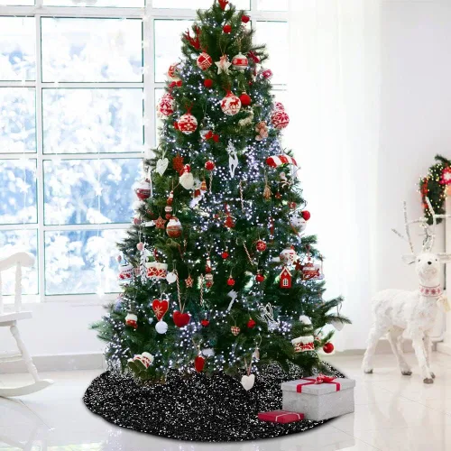 Vista 7 de XIMISHOP Falda de árbol de lentejuelas de 48 pulgadas, falda de árbol negra plateada con purpurina para decoración de árbol de Navidad, Halloween