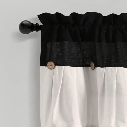 Vista 2 de Lush Decor - Cenefa para cortina con botones de lino estilo granja, 52 pulgadas de ancho x 18 pulgadas de largo, negro y blanco - Valances