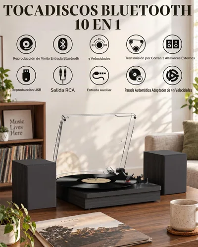 Vista 5 de Reproductor de discos de vinilo con dos altavoces estéreo, tocadiscos con reproducción Bluetooth de 3 velocidades, entrada AUX para auriculares