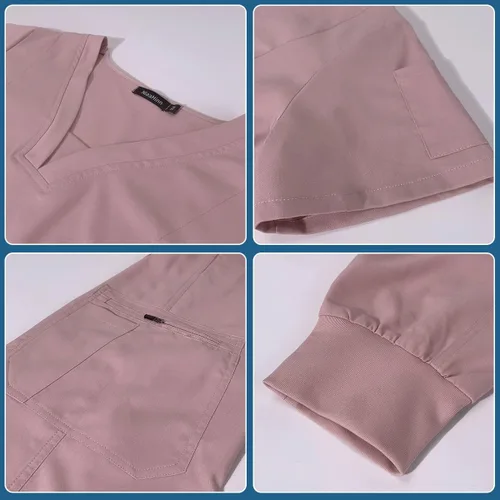 Vista 2 de niaahinn Conjunto de traje médico para mujer, moderno con cuello en V, pierna con cordón, pantalones deportivos, uniformes médicos de enfermería