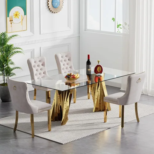 Vista 3 de Juego de mesa de comedor de cristal dorado de 5 piezas, 70 pulgadas, rectangular, moderna, para cocina y comedor, juego para 4, mesa de comedor