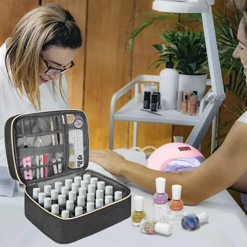 Vista 7 de Estuche de transporte de esmalte de uñas, bolsa de almacenamiento de esmalte de uñas de doble capa, se adapta a lámpara secadora de uñas y 30 Negro