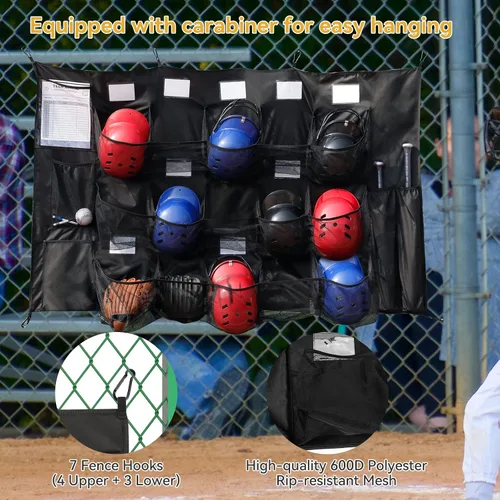 Vista 4 de QBA Bolsa colgante para casco para equipo de béisbol y softbol, organizador de casco para garaje de valla, con capacidad para hasta 15 jugadores