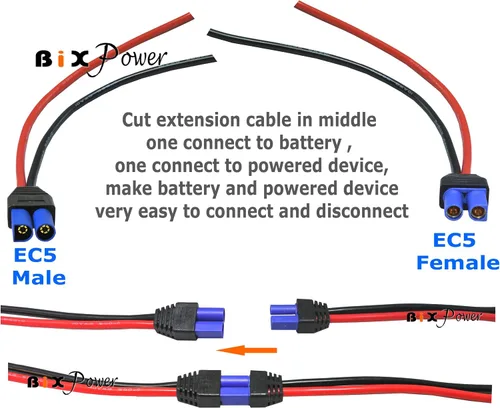 Vista 3 de Cable de alimentación de CC con aislamiento de goma de silicona de 10 AWG con EC5 macho a conector hembra EC5 con cubierta SecureGrip