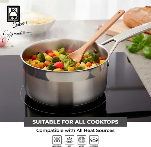 Vista 4 de BRA COOKWARE Signature Olla de acero inoxidable con tapa de vidrio Cacerola profesional de 1.2 cuartos de galón de 6.3 pulgadas Olla