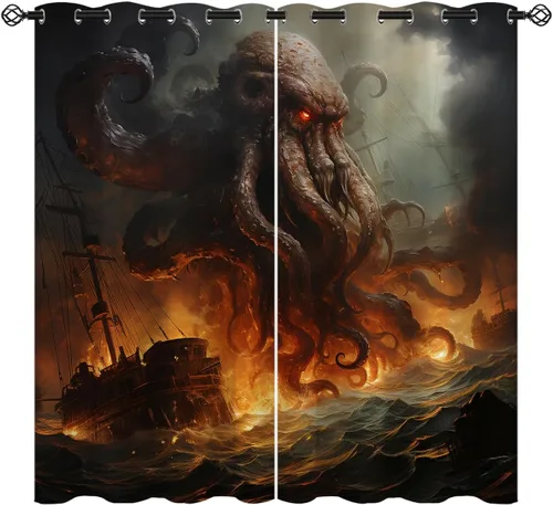 Vista 14 de Cortinas opacas de pulpo náutico para niñas y niños, decoración del hogar, con ojales de animales piratas del océano Kraken, cortinas