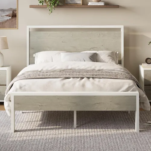 Vista 10 de Base de cama Allewie de tamaño individual con cabecero y pie de cama de madera, soporte de listones de metal resistentes, no requiere somier