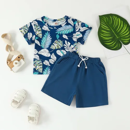 Vista 2 de AMAWMW Trajes de verano hawaianos para bebés y niños pequeños, camiseta de hoja de palmera, pantalones cortos con bolsillos, 2 piezas, ropa tropical