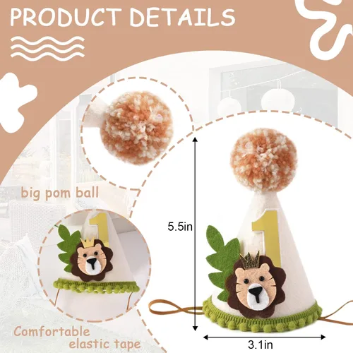 Vista 4 de Corona de primer cumpleaños con temática de león - Wild One Jungle Safari Decoración para niños