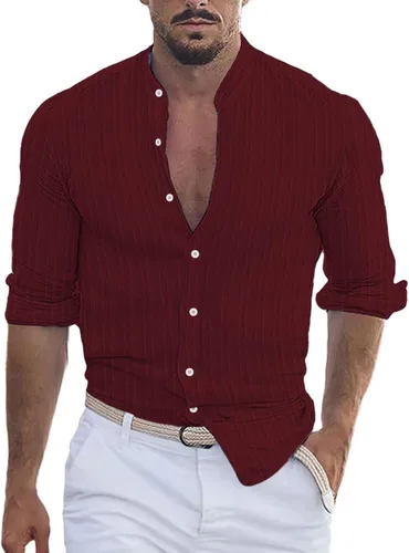 Vista 16 de Camisa de lino de algodón para hombre, manga larga con botones, cuello alto con bandas para playa y verano