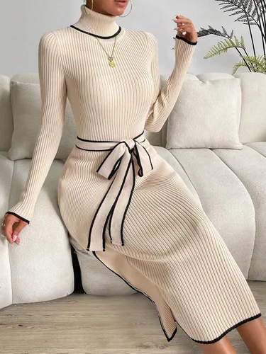 Vista 5 de MakeMeChic Elegante vestido de suéter de manga larga con cinturón de cuello alto a rayas para mujer