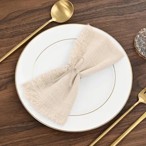 Vista 3 de Paquete de 12 servilletas de lino y algodón beige de 16 x 16 pulgadas, hechas a mano con flecos, servilletas de tela suave, lavables y rústicas