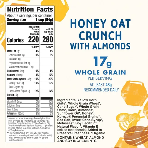 Vista 2 de Cascadian Farm Honey Oat Crunch con Almendras, Cereal Orgánico, Hecho con Grano Entero, 14.4 oz Contains Kernza Grain to Help Mitigate Climate