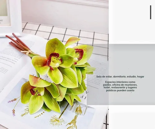 Vista 2 de 12 piezas de orquídeas artificiales de 11 pulgadas, plantas verdes para exteriores, flores falsas, arbustos para decoración del hogar, jardín, boda