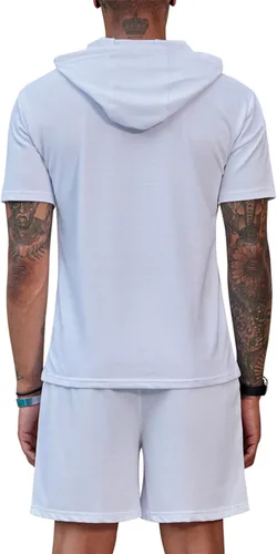 Vista 2 de COOFANDY Conjunto deportivo de 2 piezas con capucha para hombre, manga corta, casual, deportivo, con capucha y pantalones cortos