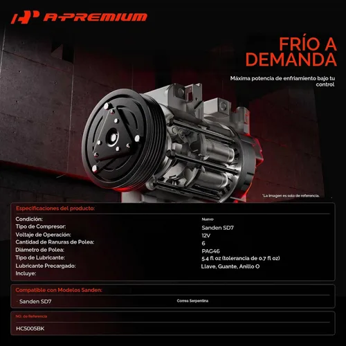 Vista 3 de A-Premium Compatible con Sanden SD-7 6PK, Compresor Universal de Aire Acondicionado con Embrague, Correa Serpentina de 6 Ranuras