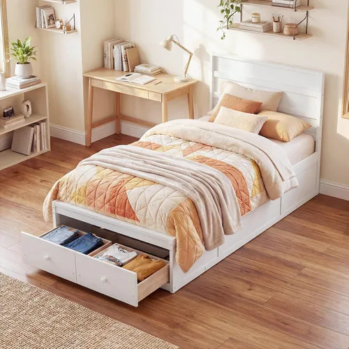 Vista 12 de KOMFOTT Cama individual con 2 cajones, cama de almacenamiento individual con soporte de listones sólidos, cabecera y estribo, marco de cama de Gris