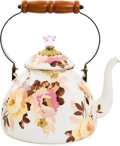 Vista 7 de MACKENZIE-CHILDS Tetera de Esmalte, Tetera Bonita para Estufa, 2 Cuartos, Rosa Silvestre Marrón Diseño aplicado a mano, hecho de acero esmaltado