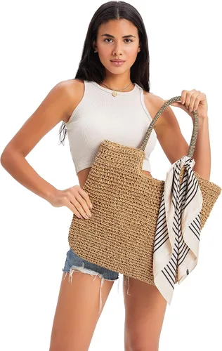Vista 2 de Rejolly Bolso de mano de paja para mujer, para playa, verano, vacaciones, estilo bohemio, de ratán, bolso grande de hombro tejido