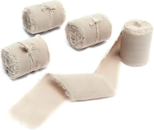 Vista 53 de 4 rollos de 1 pulgada de ancho x 5 yardas de largo, cinta de gasa con flecos hecha a mano, de chifón y seda, con bordes deshilachados