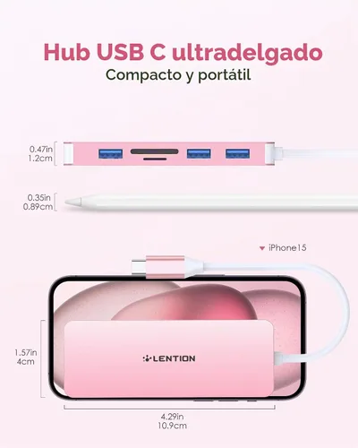 Vista 9 de LENTION Concentrador USB C 6 en 1, 3 USB3.0, 4K@30Hz, lector de tarjetas Rosa