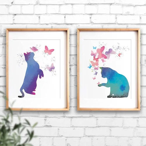 Vista 2 de Póster artístico de pared de acuarela con diseño de mariposas coloridas, regalos para amantes de los gatos, pintura para habitación de niñas, póster