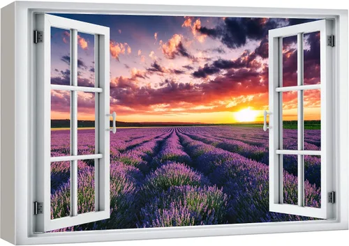 Vista 37 de wall26 - Cuadro en lienzo para pared, vista de ventana, atardecer neón, cielo, palmera tropical, playa, naturaleza, desierto, fotografía, realismo