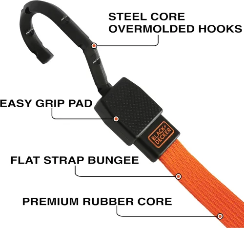 Vista 2 de Black+Decker BDX1010-32PK - Correas elásticas planas de 24 pulgadas, color negro/naranja, paquete de 32 Non Scratch Steel-Core Hooks & Textured