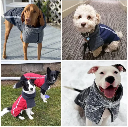 Vista 3 de SlowTon Abrigo de invierno para perro, cálida chaqueta para perros con forro polar para exteriores con bufanda de cuello alto, raya reflectante E.