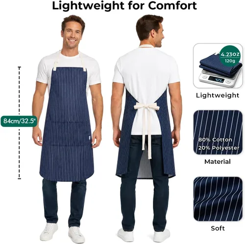 Vista 2 de Adjustable Bib Apron for Women Men, 80% Cotton Striped Cooking Apron with Large Pocket, Water Repellent