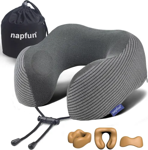 Vista 10 de NapFun - Almohada de cuello para viajes, almohada de cuello de viaje mejorada para avión 100% espuma viscoelástica para dormir y descansar durante
