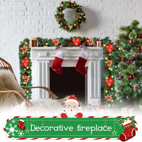 Vista 12 de Guirnalda de Navidad, guirnalda de Navidad con luces, decoración de Navidad, flores artificiales de ratán de 9 pies, decoración de Navidad