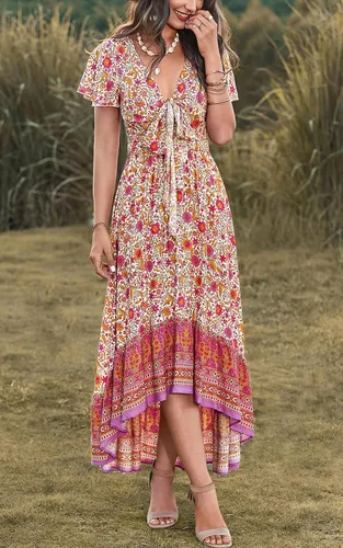 Vista 7 de PRETTYGARDEN Vestidos de verano florales bohemios con cuello en V profundo para mujer, manga corta, recortado, casual, fiesta, playa, maxi vestido