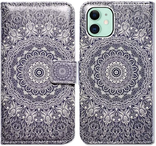Vista 12 de Bcov Funda para iPhone 11, funda de piel con tapa y función atril para iPhone 11, diseño de flores y mariposas azules