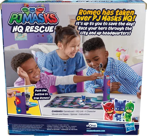 Vista 12 de PJ Masks Hasbro Gaming HQ Rescue - Juego de mesa para niños, juegos preescolares, Race to Stop Romeo, incluye torre de plástico 3D