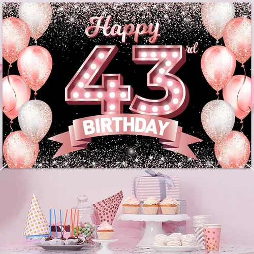 Vista 389 de Cartel de feliz cumpleaños décimo oro rosa, telón de fondo, saludos a 10 años, globos de confeti, decoración temática para niñas de 10 años