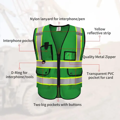 Vista 4 de Chaleco Reflectante Clase 2 de Seguridad ANSI con Bolsillos y Cremallera de Alta Visibilidad Uniforme de Construcción K-verde-1pack-custom