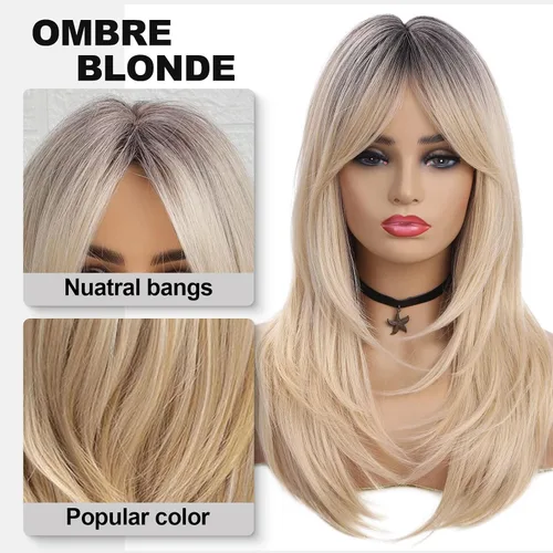 Vista 3 de HAIRCUBE Pelucas rubias degradadas con flequillo, longitud al hombro, peluca rubia ceniza para mujer, pelucas en capas, raíces oscuras, pelucas