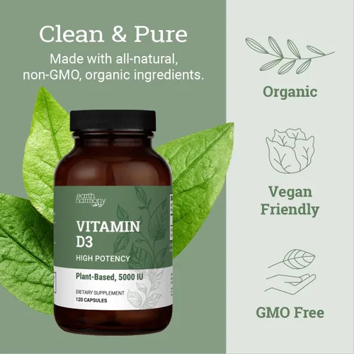 Vista 5 de Earth Harmony Naturals Suplemento vegano de vitamina D3 5000 iu – Suplementos puros de alta potencia para la salud inmune y fuerte apoyo a