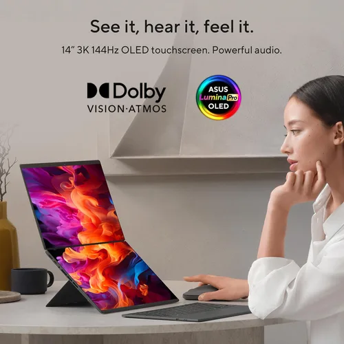 Vista 7 de ASUS Zenbook Duo Laptop (2026), pantalla táctil OLED 3K 144Hz dual de 14 pulgadas, procesador Intel Core Ultra 9 386H, gráficos Intel, 32 GB de RAM
