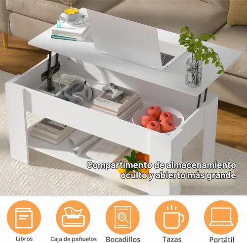 Vista 5 de Mesa de centro elevable con almacenamiento para sala de estar, mesa consola de madera rústica, mesa de té central de escritorio oculta para muebles