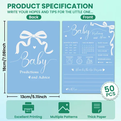 Vista 2 de CUTHOLLOW Blue and Bow - 50 tarjetas de predicción para bebés, consejos y deseos para los futuros padres, juegos de baby shower, predicción de bebé
